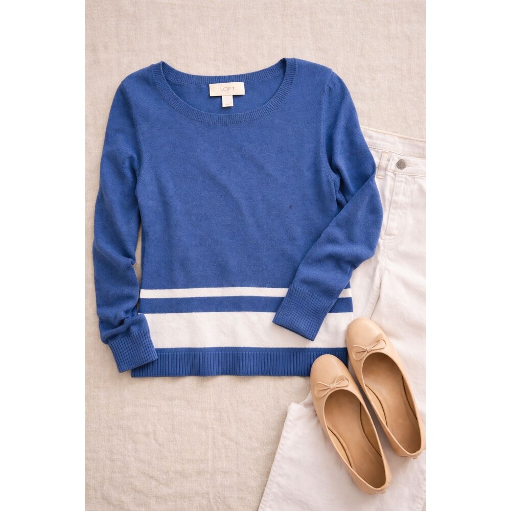 LOFT Blue White Colorblock 100% Cotton Knit Sweater Small Preppy